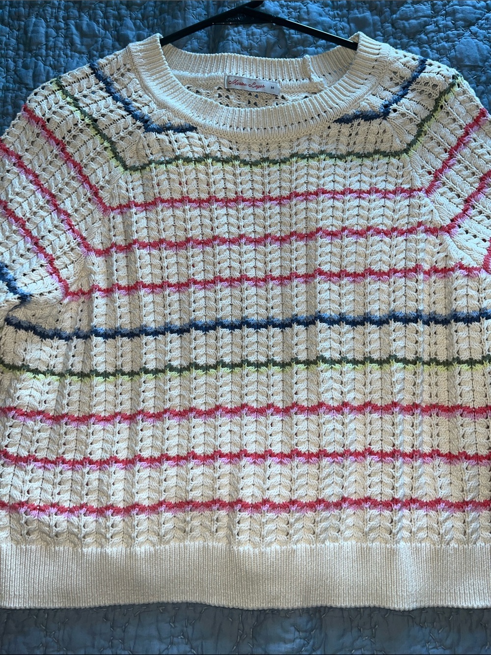 Marine Layer Cream Knit Crewneck Sweater with Pink, Blue & Green Stripes - Picture 4 of 4